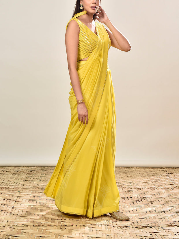 Yellow Embroidered Crepe Drape Saree