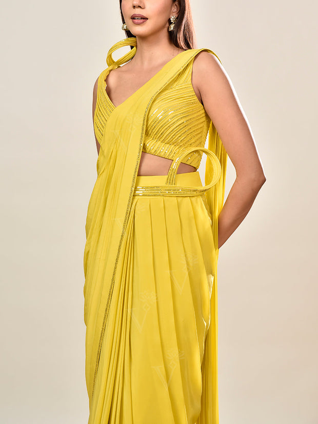 Yellow Embroidered Crepe Drape Saree