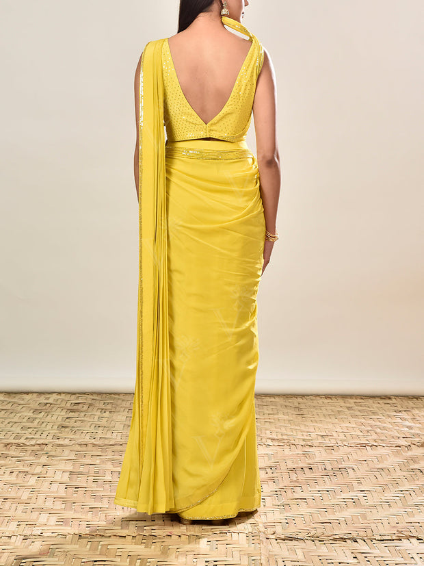 Yellow Embroidered Crepe Drape Saree