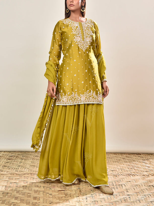Green Embroidered Chanderi Silk Kurta and Palazzo Set