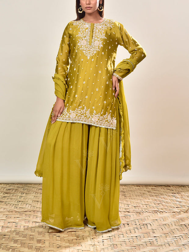 Green Embroidered Chanderi Silk Kurta and Palazzo Set