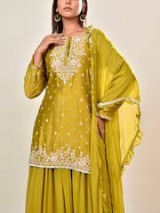 Green Embroidered Chanderi Silk Kurta and Palazzo Set