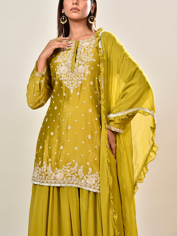 Green Embroidered Chanderi Silk Kurta and Palazzo Set