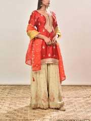 Red Satin Embroidered Kurta and Garara Set