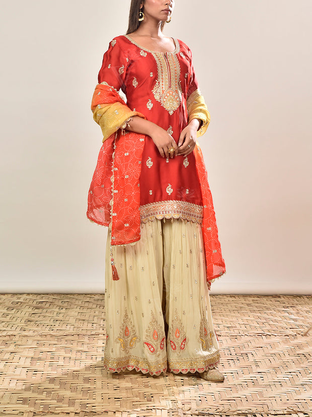 Red Satin Embroidered Kurta and Garara Set