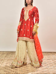 Red Satin Embroidered Kurta and Garara Set