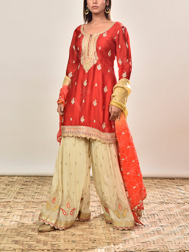 Red Satin Embroidered Kurta and Garara Set