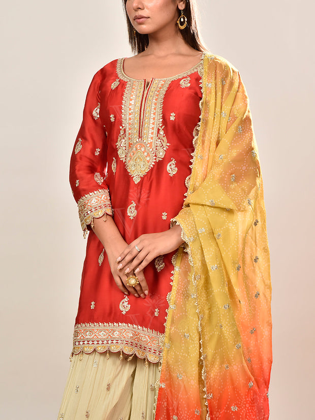 Red Satin Embroidered Kurta and Garara Set