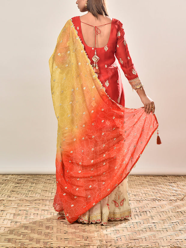 Red Satin Embroidered Kurta and Garara Set