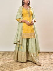 Yellow and Green Tissue Embroidered Kurta and Garara Set