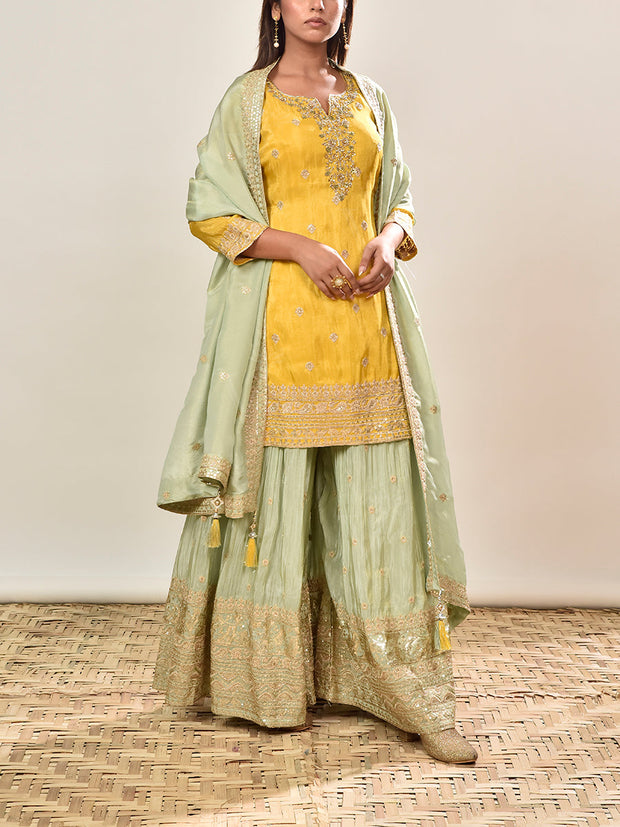 Yellow and Green Tissue Embroidered Kurta and Garara Set