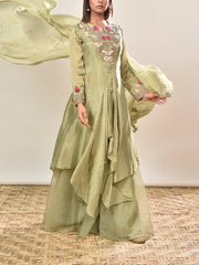 Green Embroidered Tissue Cape and Palazzo set