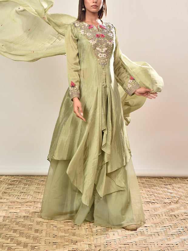 Green Embroidered Tissue Cape and Palazzo set