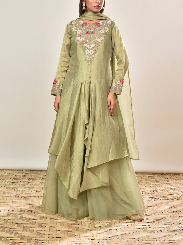 Green Embroidered Tissue Cape and Palazzo set