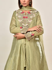 Green Embroidered Tissue Cape and Palazzo set