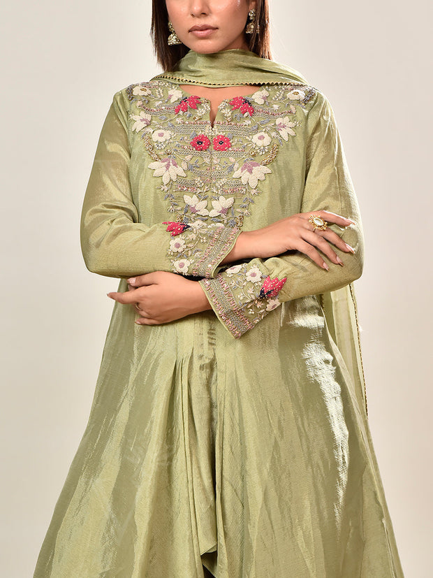 Green Embroidered Tissue Cape and Palazzo set