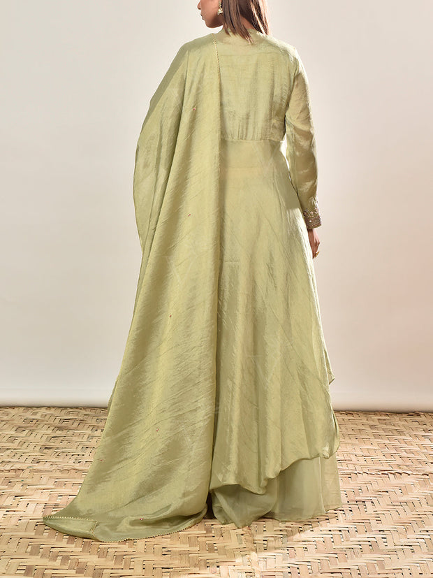 Green Embroidered Tissue Cape and Palazzo set