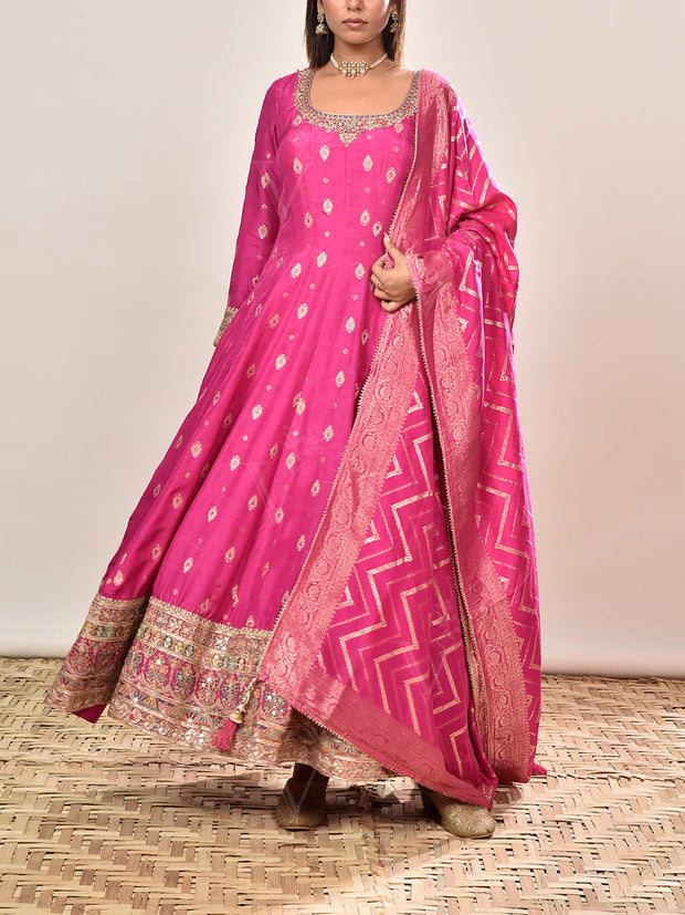 Pink Embroidered Banarasi Silk Anarkali Suit Set