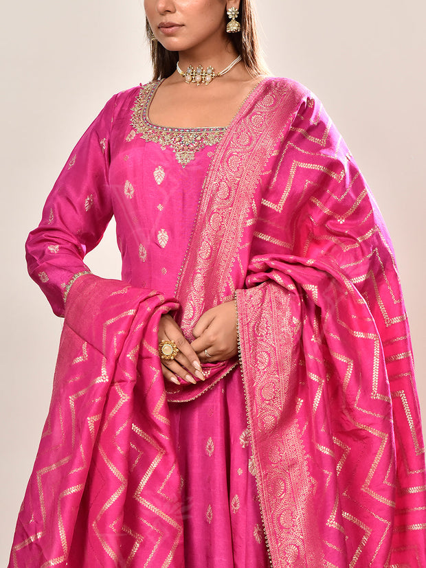 Pink Embroidered Banarasi Silk Anarkali Suit Set
