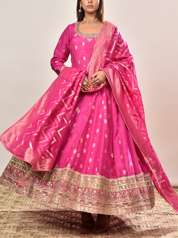 Pink Embroidered Banarasi Silk Anarkali Suit Set