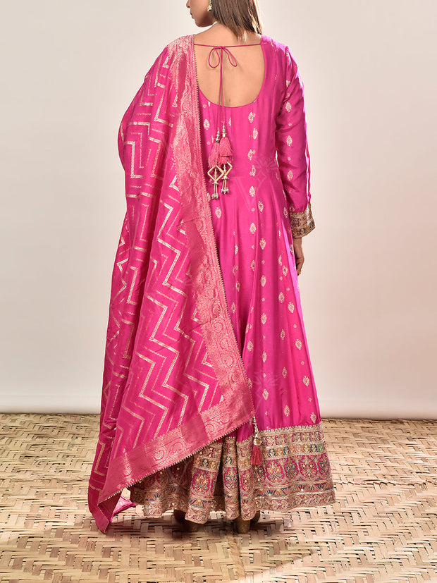 Pink Embroidered Banarasi Silk Anarkali Suit Set