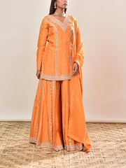 Orange Summer Silk Embroidered Kurta and Garara Set