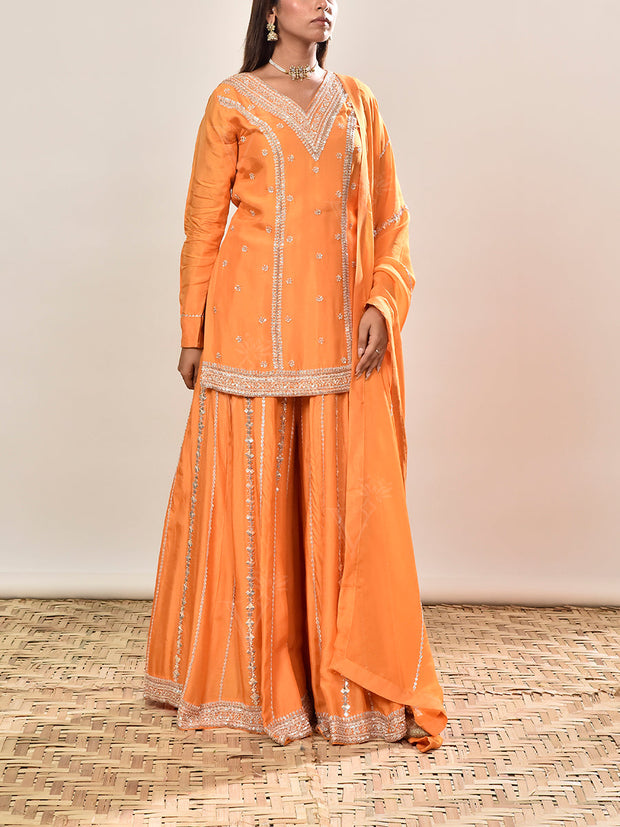 Orange Summer Silk Embroidered Kurta and Garara Set