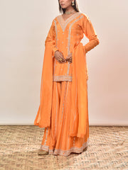 Orange Summer Silk Embroidered Kurta and Garara Set