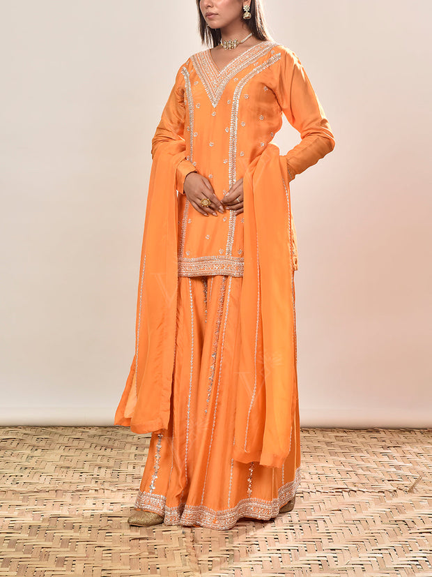 Orange Summer Silk Embroidered Kurta and Garara Set