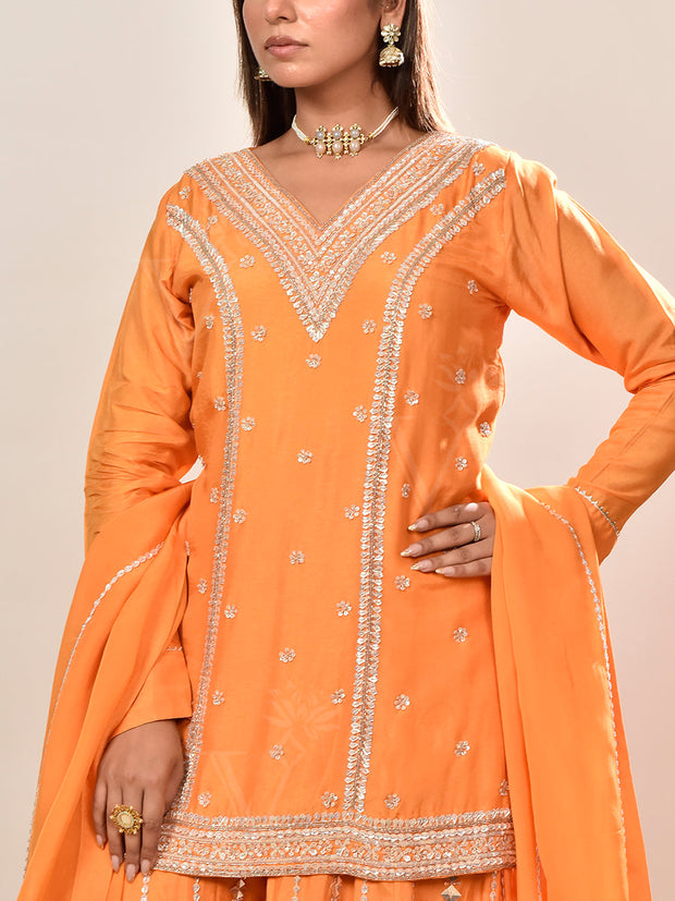 Orange Summer Silk Embroidered Kurta and Garara Set