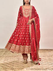 Red Embroidered Wrinkle Crepe Suit Set