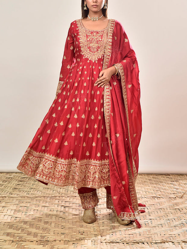 Red Embroidered Wrinkle Crepe Suit Set