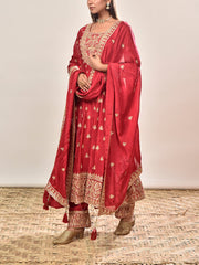 Red Embroidered Wrinkle Crepe Suit Set