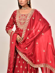 Red Embroidered Wrinkle Crepe Suit Set