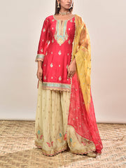 Pink Embroidered Satin Silk Kurta and Garara Set