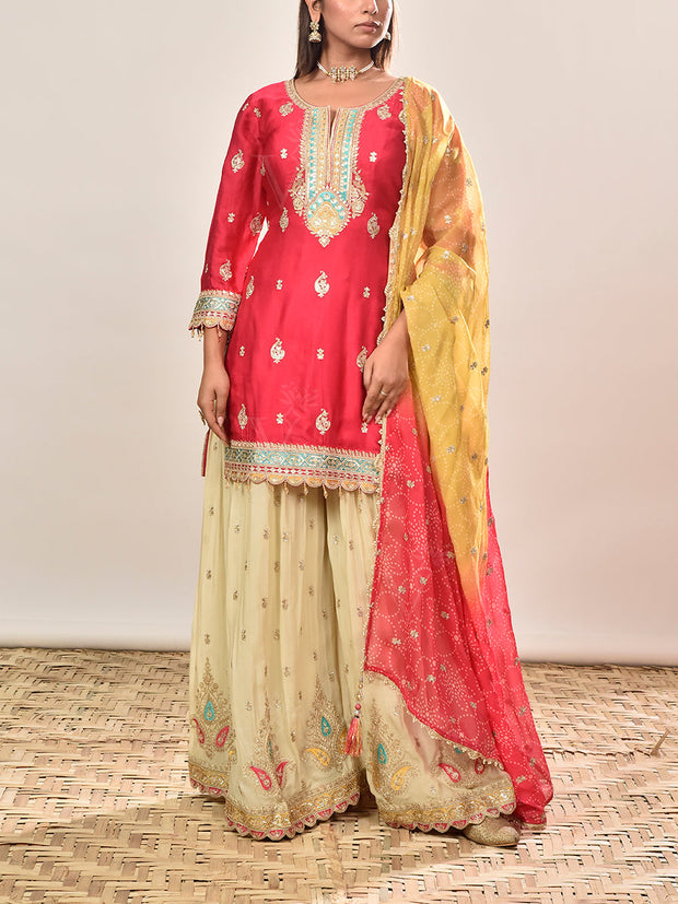 Pink Embroidered Satin Silk Kurta and Garara Set