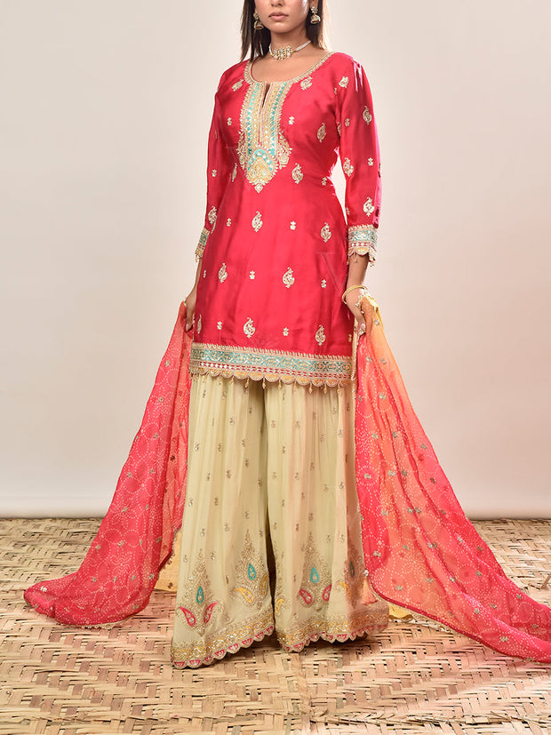 Pink Embroidered Satin Silk Kurta and Garara Set