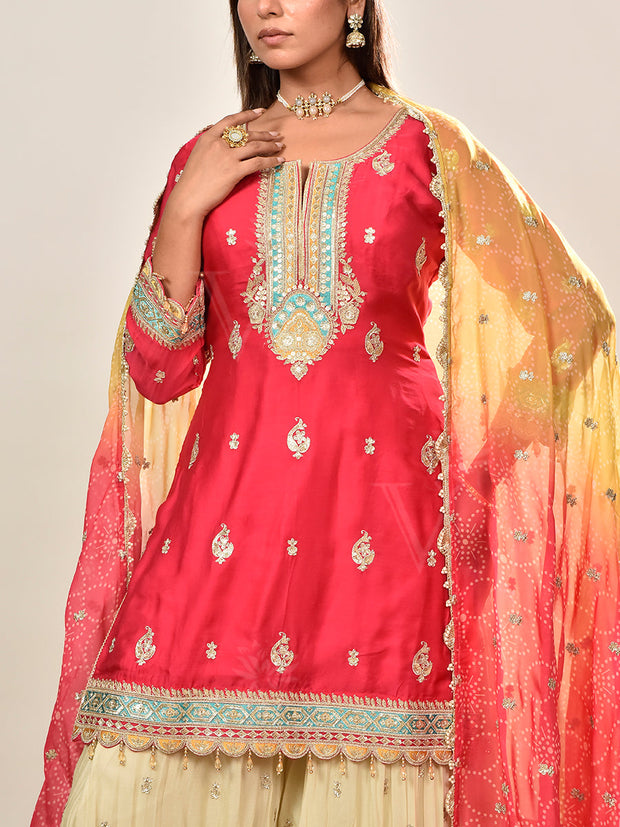 Pink Embroidered Satin Silk Kurta and Garara Set