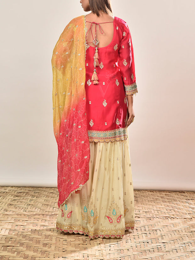 Pink Embroidered Satin Silk Kurta and Garara Set
