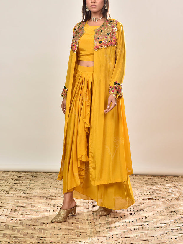 Yellow Embroidered Wrinkle Crepe Jacket and Drape Skirt Set