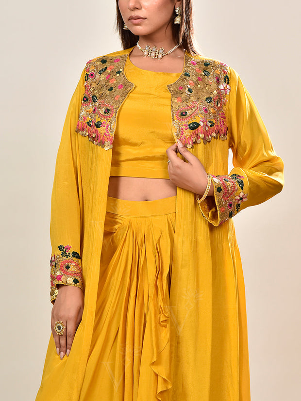Yellow Embroidered Wrinkle Crepe Jacket and Drape Skirt Set
