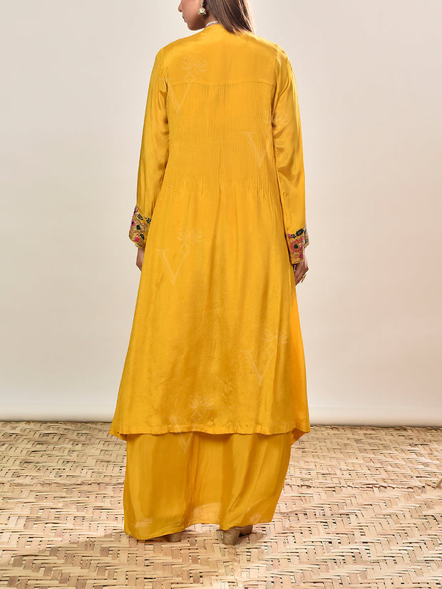 Yellow Embroidered Wrinkle Crepe Jacket and Drape Skirt Set
