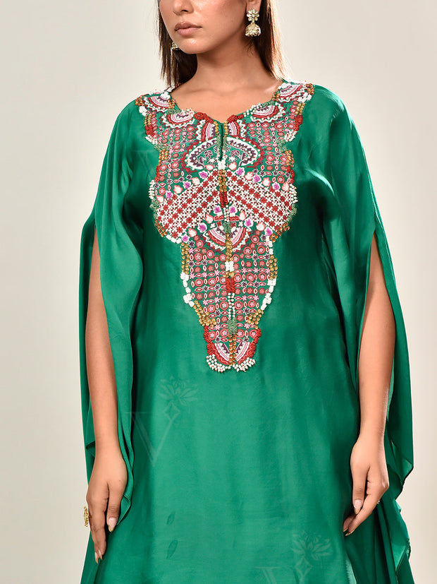 Green Embroidered Crepe Cape and Drape Skirt Set