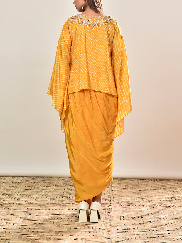 Yellow Silk Embroidered Cape and Drape Skirt Set