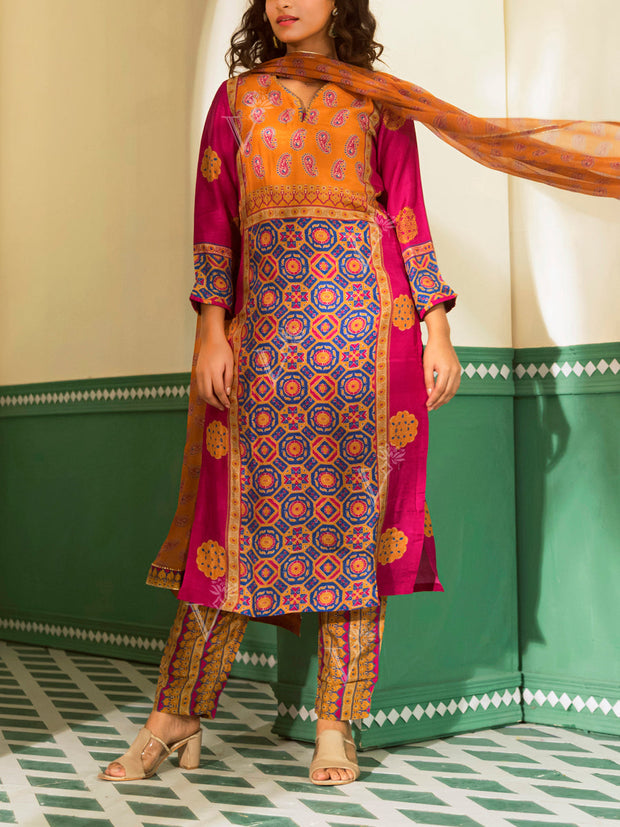 Pink and Mustard Vasansi Silk Suit Set