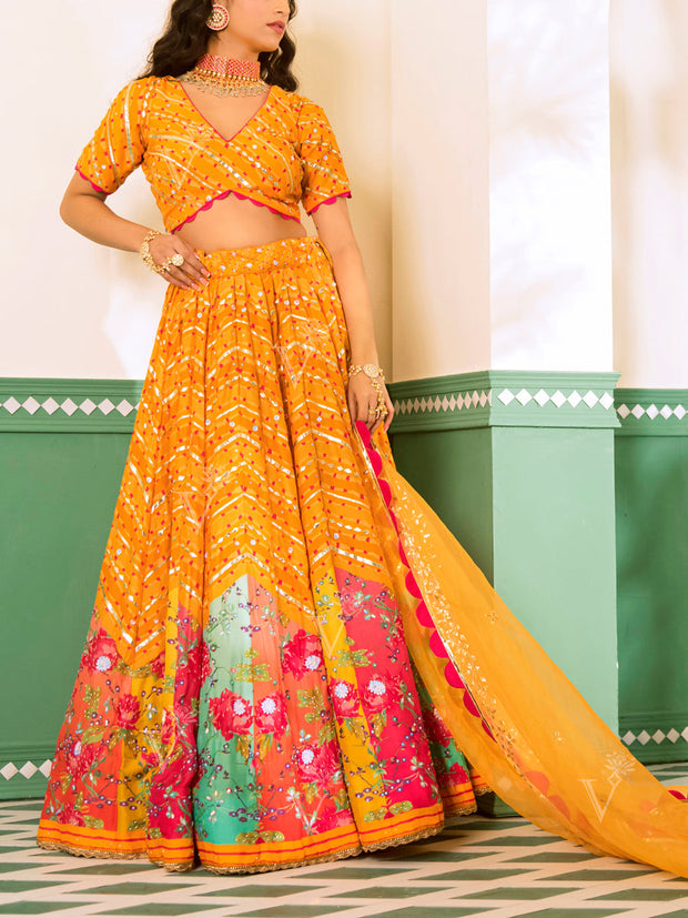 Yellow Vasansi Silk Printed Lehenga