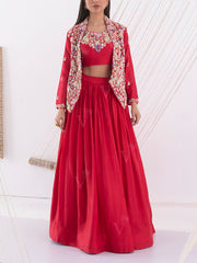 Red Silk Embroidered Jacket and Skirt Set