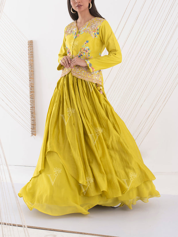 Yellow Embroidered Jacket and Skirt Set