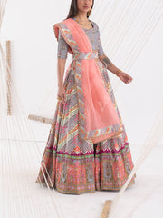 Grey Vasansi Silk Leheriya Printed Lehenga Set