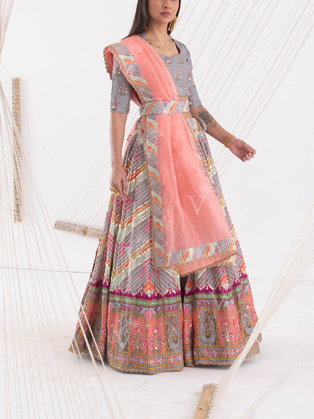 Grey Vasansi Silk Leheriya Printed Lehenga Set